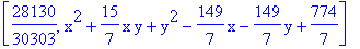 [28130/30303, x^2+15/7*x*y+y^2-149/7*x-149/7*y+774/7]